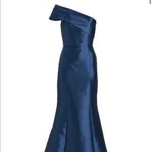 Amsale one shoulder navy blue gown / ballroom dress